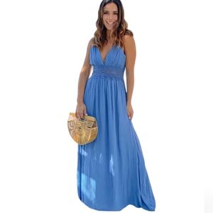 DRESS DAY  BLUE MAXI DRESS WITH CROCHET TRIMS AND LINING SIZE S SMALL‎